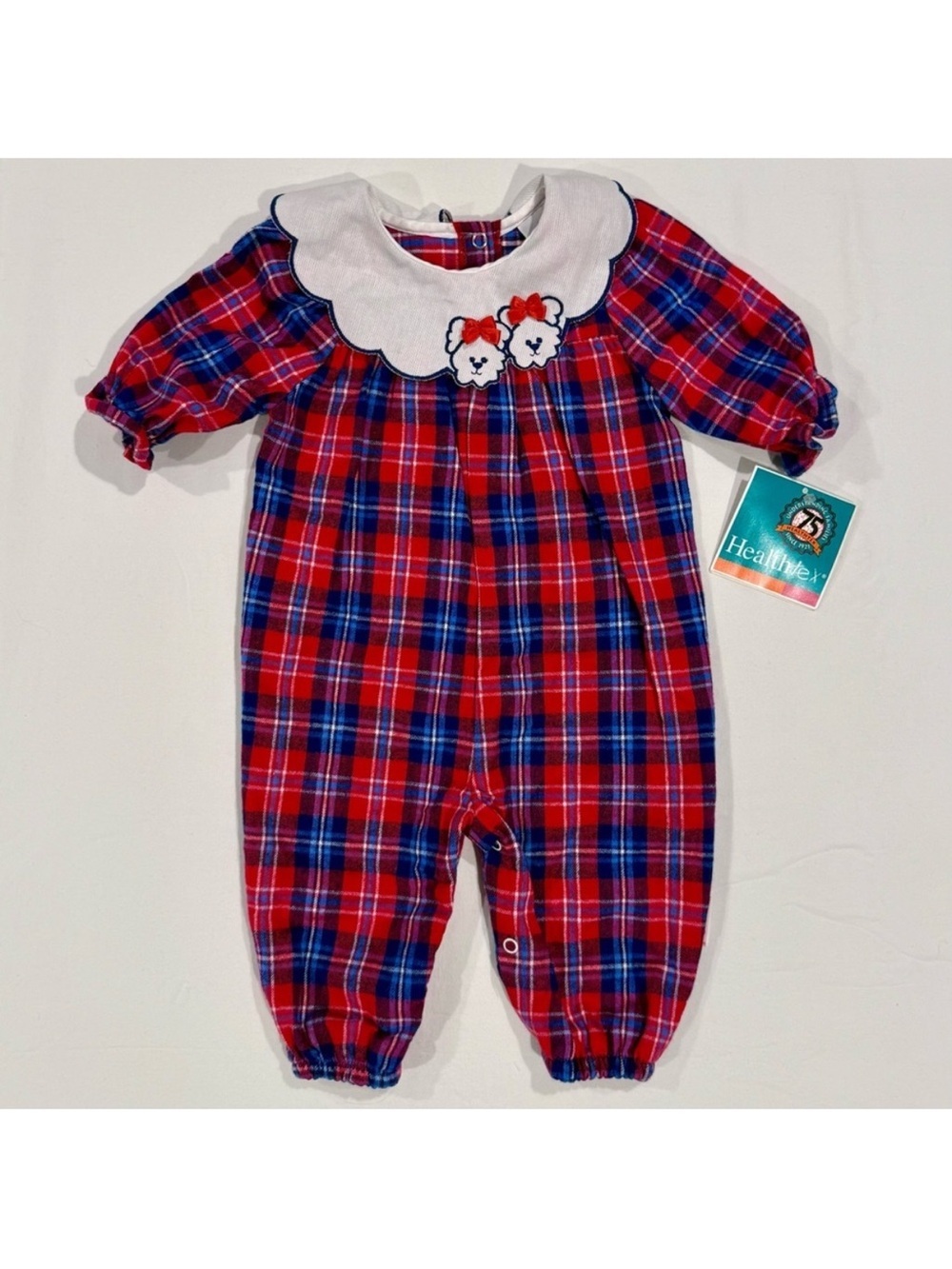 New Vintage Healthtex Plaid Flannel Romper Girls 6-9M Bears Ruffles Old Stock